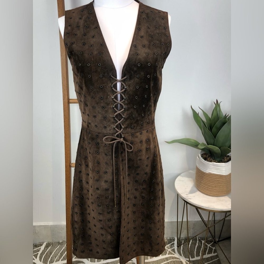 Prada Vintage Brown Suede Leather & Metal Grommet Lace Up Long Vest M